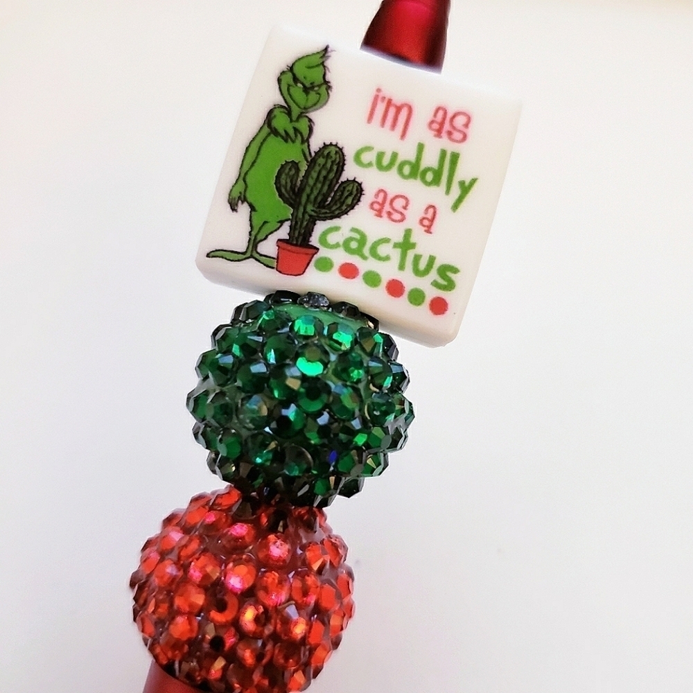 Handmade Christmas Cuddly as a Cactus The Grinch Beaded Silicone Focal Bead Pen - Picture 1 of 2